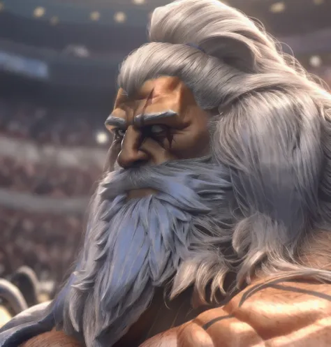 a crowded gladiatorial arena in the background,Best quality,masterpiece,4k,8k,highly detailed,detailed face,realistic proportions,sharp focus,male focus,musclar bodybuilder,reinhardt,musclar bodybuilder,long beard,long hair,scar across eye,