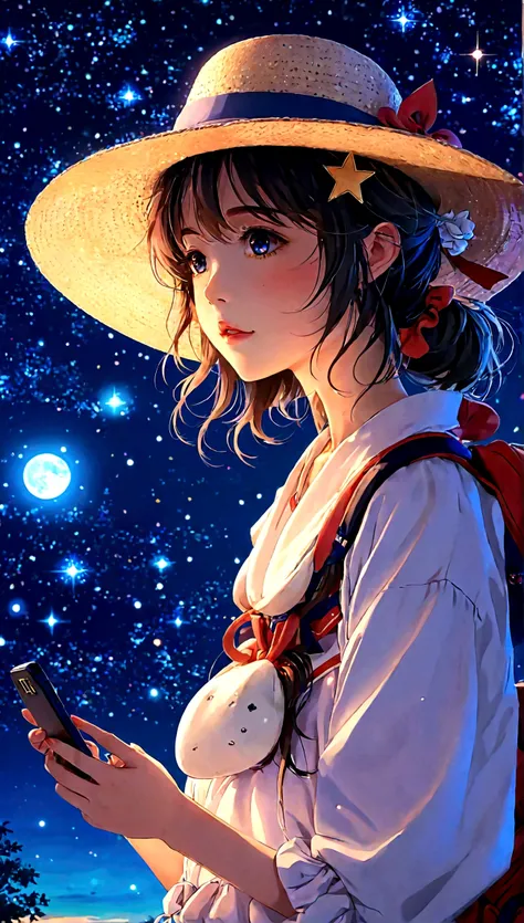 anime girl with a hat and a cell phone looking at the stars, anime style 4 k, anime vibes, (anime girl), high quality anime artstyle, anime style. 8k, anime art wallpaper 4k, anime art wallpaper 4 k, lofi girl, nightcore, anime art wallpaper 8 k, beautiful...