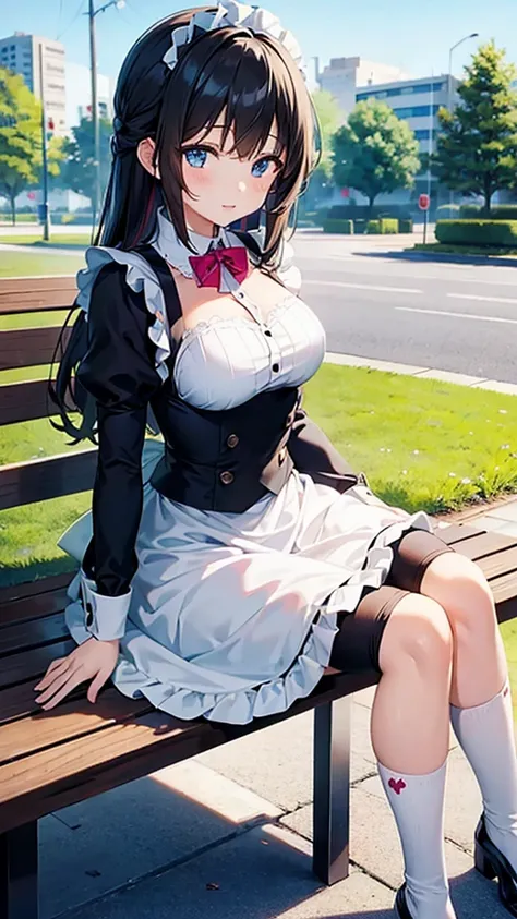 Anime girl wearing maid outfit sitting on bench，The background is a city, best anime 4k konachan wallpapers, fine details. Girls&#39; Frontline, Lolich, from Girls&#39; Frontline, From《Azur route》video game, Night Core, Azur route style, Cute anime waifu w...