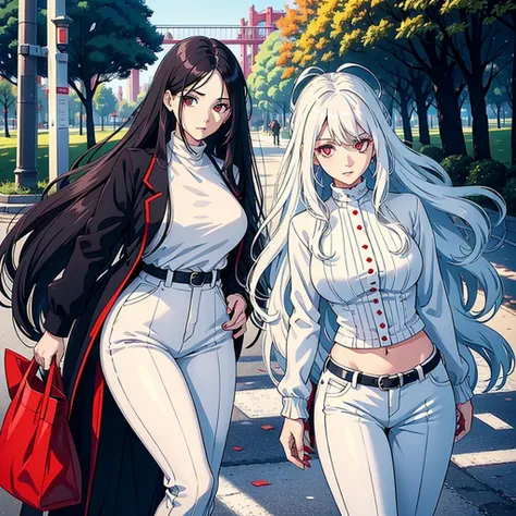 woman with long wavy white hair bright blue eyes wearing a white blouse and black pants next to her a black haired woman with red locks with bright red eyes wearing a black sweater and white pants taking her phone for a photo they are in a park