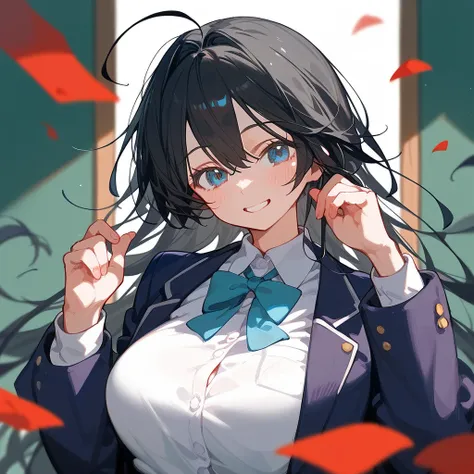 One Girl、Big Breasts、Black Hair、Long Hair、Straight Hair、Ahoge、high school student、smile、Dark blue eyes、Blazer 