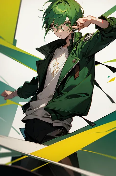 1man, green hair, green eyes, short hair, glasses, big dark jacket