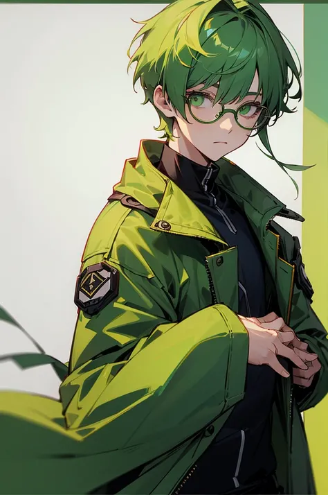 1man, green hair, green eyes, short hair, glasses, big dark jacket