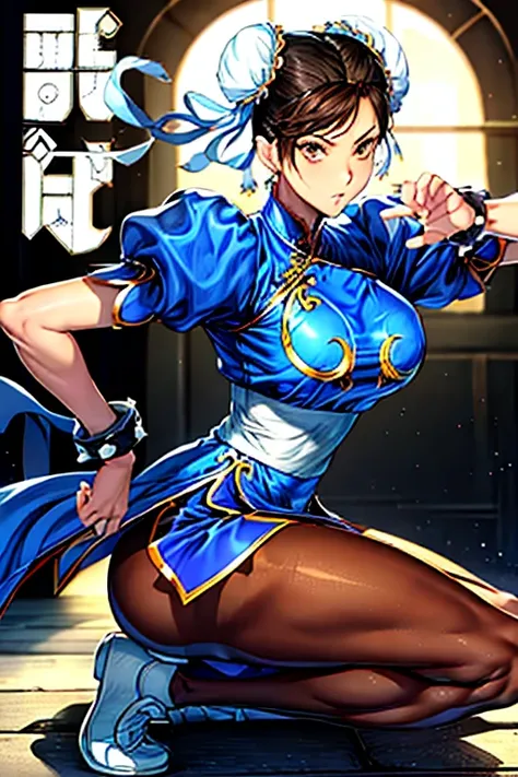 Chun-Li from Street Fight II,The perfect Chun-Li costume,Blue Chinese dress with gold lines,Bunhead,Good cover,masterpiece、1 beautiful girl、Highest quality, 超High resolution, (reality: 1.4), Cinema Lighting、Asian Beauty、so beautiful、Beautiful Skin、Body fac...