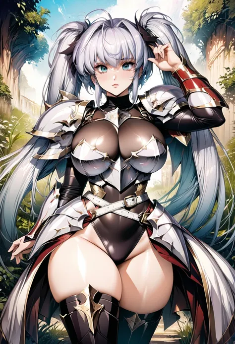 ((highest quality)), ((masterpiece)), ((hyperrealistic)), (detailed background), solo, 1girl, ((curvy: 1.2)), kawaii, dark princess, ((armored dress: 1.3)), langrisser, silver long twin tail hair, Ahoge, (paladin magic armor), ((black tight-fitting leotard...