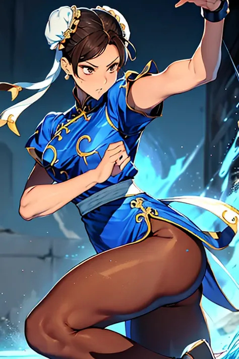 Chun-Li from Street Fight II,Chun-Li Costume,Blue Chinese dress with gold lines,Bunhead,masterpiece、1 beautiful girl、Highest quality, 超High resolution、Body facing forward、(High resolution)、(8K)、(Very detailed),Diagonal bangs、masterpiece, Highest quality, m...