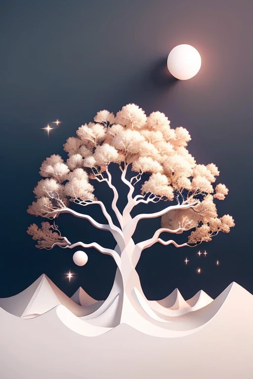 Surrealistic Minimalistic Scene: A solitary, ethereal tree stands tall against an endless, empty canvas of white. The tree, with its gnarled roots and spindly branches, seems to defy the rules of gravity and space, as it stretches towards an unseen horizon...