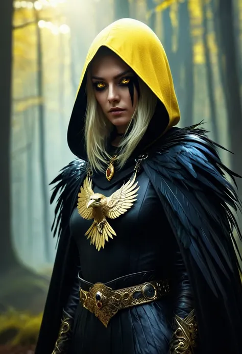 blonde crow-woman in dark fantasy attire, crow head hood, gold jewelry, dagger on belt, stands against a hill in bright forest b...