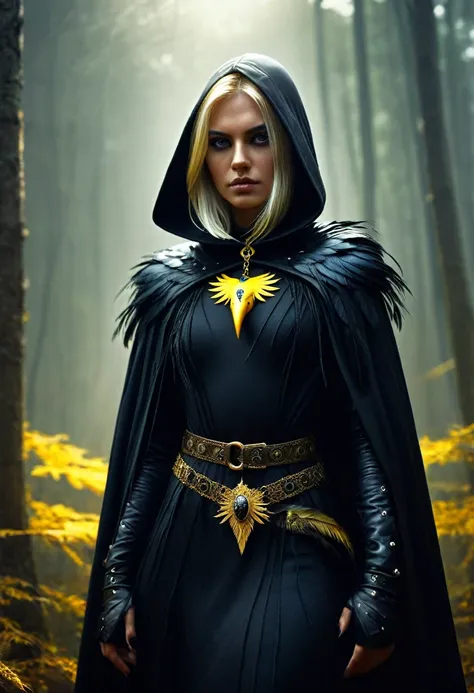 blonde crow-woman in dark fantasy attire, crow head hood, gold jewelry, dagger on belt, stands against a hill in bright forest b...