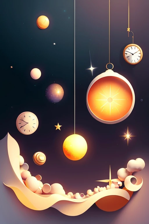 Minimalistic Surrealism Scene: A Single, Radiant Star Floats in the Void, Surrounded by an Infinite Array of Empty Clocks, Hanging Mid-Air, Ticking Away the Unknown Passage of Time.