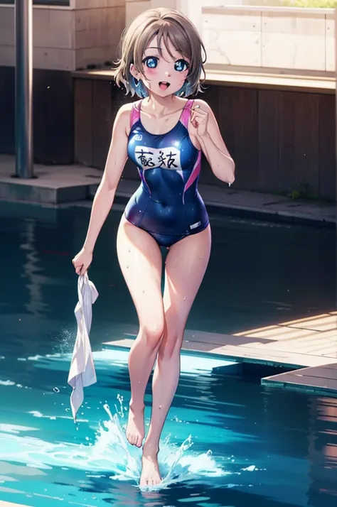 yo watanabe, issei watanabe, short hair, blue eyes, brown hair, smile, open your mouth,swimsuit,barefoot,whole bodyがイラストに入る,wet ...