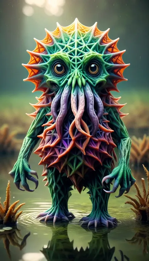 a cute colorful fluffy cthulhu, wildlife photography, in a ral-pnrse swamp, 4k uhd, 8k uhd, high-definition, ral-pnrse