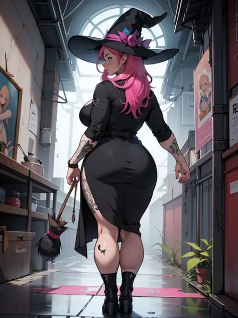 older woman, in their 30s, with long pink hair and tall, curvy body seen from behind, standing backwards, breasts big, Breasts huge, (work of art, best qualityer:1.2) wearing the legendary great black dress of the mystical sorceress, Big witch hat, standin...