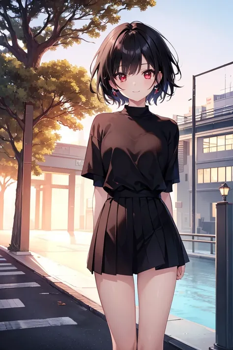 (masterpiece, highest quality, highest quality, (No text), Beautiful and aesthetic:1.2),No text,アニメ、BREAK,One Girl，Black Hair Girl　short hair　Tree Eyes　Beautiful eyes　Red eyes　cool　smile　Red and Black　mini skirt　Whole body　Detailed eyes and face　Night in t...