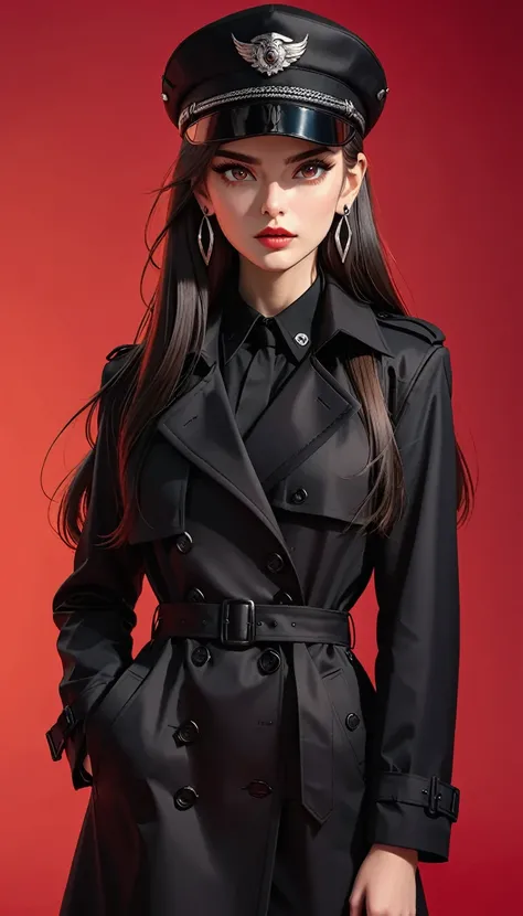 (masterpiece，high quality，8K).beautiful girl，Skin details，Bright Eyes，Straight long hair，Peaked Cap，Exaggerated earrings，Unique，Staring at the audience），（Black trench coat suit：1.37）。Light and Shadow，Clean and simple red background