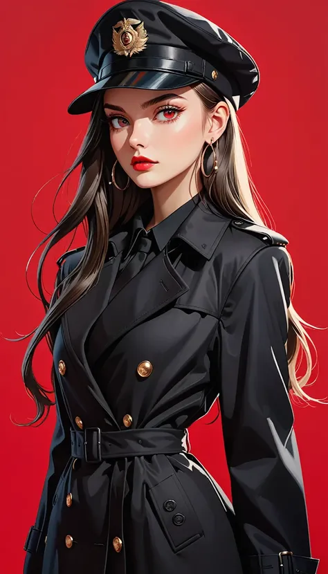 (masterpiece，high quality，8K).beautiful girl，Skin details，Bright Eyes，Straight long hair，Peaked Cap，Exaggerated earrings，Unique，Staring at the audience），（Black trench coat suit：1.37）。Light and Shadow，Clean and simple red background，Large Canvas