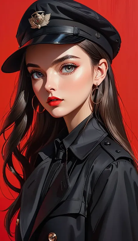 (masterpiece，high quality，8K).beautiful girl，Skin details，Bright Eyes，Straight long hair，Peaked Cap，Exaggerated earrings，Unique，Staring at the audience），（Black trench coat suit：1.37）。Light and Shadow，Clean and simple red background，Large Canvas