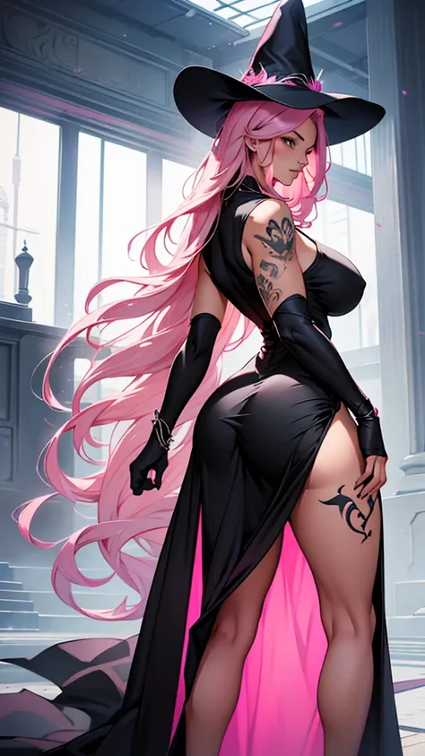 older woman, in their 30s, with long pink hair and tall, curvy body seen from behind, standing backwards, breasts big, Breasts huge, (work of art, best qualityer:1.2) wearing the legendary great black dress of the mystical sorceress, Big witch hat, standin...