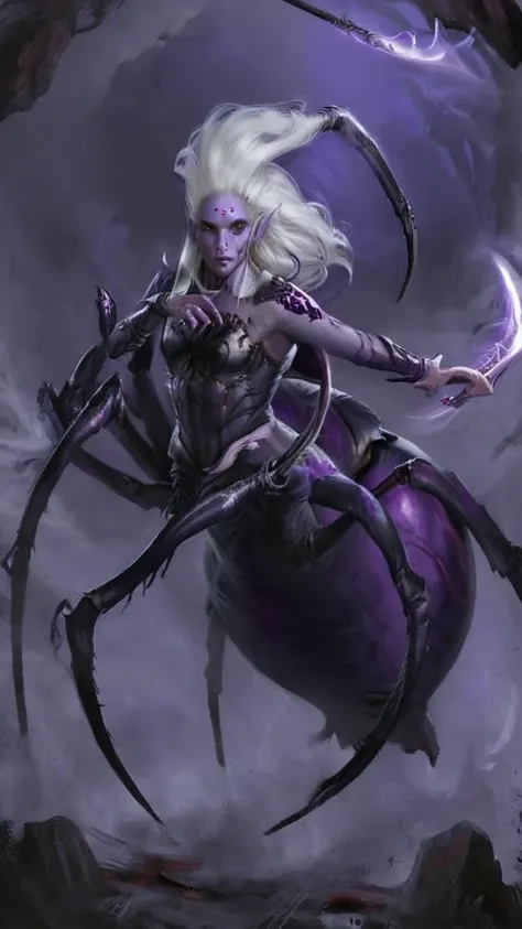 closeup, portrait, fantasy 4r4chn1d girl, detailed face, concept art, digital art, realistic, closeup, solo, warrior, arachnid, evil, beauty face, character focus, white hair, purple skin, long hair,spear,necromancy, combat stance, attacking, fearsome