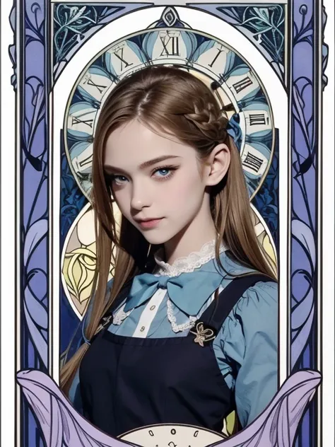 masterpiece, Highest quality, Very detailed, 16K, Ultra-high resolution, Cowboy Shot, Alice in Wonderland, (art nouveau:1.4), 10-year-old girl, Detailed face, smile, blue eyes, blonde, Braiding, Long Hair, ponytail, Ribbon on head, Blue clothes, Plain whit...