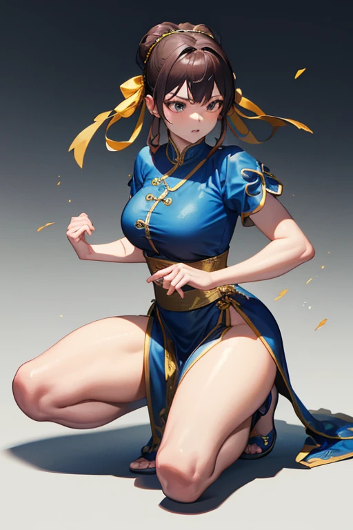 chun-li from street fight ii,chun-li costume,blue chinese dress with gold lines,bunhead、highest quality, ultra-high resolution、,...