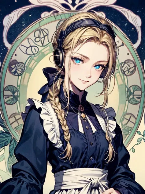 masterpiece, Highest quality, Very detailed, 16K, Ultra-high resolution, Cowboy Shot, Alice in Wonderland, (art nouveau:1.4), 10-year-old girl, Detailed face, smile, blue eyes, blonde, Braiding, Long Hair, ponytail, Ribbon on head, Blue clothes, Plain whit...