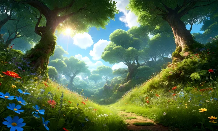 Mysterious Forest、Gentle sunlight filtering through the trees and blue skies、Lush forest leaves, grass and wildflowers、Delicious little fruit、Fairy dust floating in the air、The overall atmosphere is dreamy and tranquil.。Different world、Different dimension、...