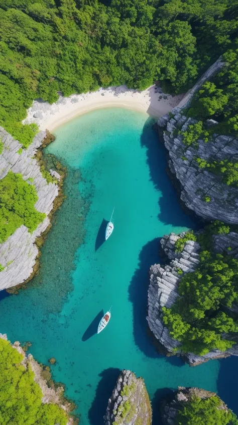 there is a boat that is traveling through the water near some rocks, epic matte painting of an island, flying rocky island, view from above on seascape, soaring over a lake in forest, scattered islands, natural landscape beauty, shot from a drone, 4k drone...