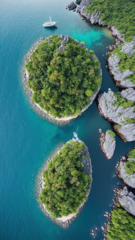 there is a boat that is traveling through the water near some rocks, epic matte painting of an island, flying rocky island, view from above on seascape, soaring over a lake in forest, scattered islands, natural landscape beauty, shot from a drone, 4k drone...