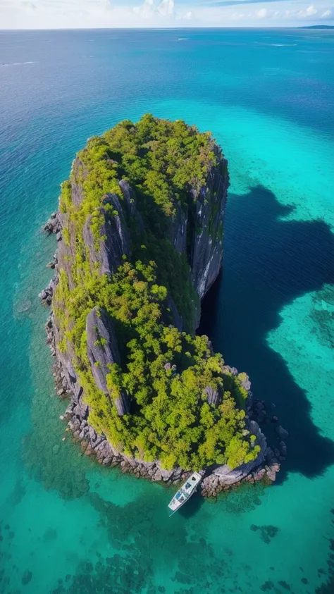 there is a boat that is traveling through the water near some rocks, epic matte painting of an island, flying rocky island, view from above on seascape, soaring over a lake in forest, scattered islands, natural landscape beauty, shot from a drone, 4k drone...