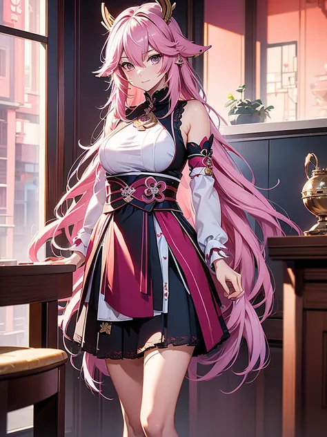 yae miko from genshin impact, 1woman, as a maid, wearing a maid outfit, in a mansion , pink colour hair, 8k, high detailed, high...