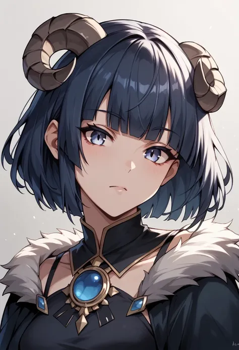 one girl, alone, fluffy medium hair, blunt bangs, ram&#39;s horn, lamb&#39;s ear, sheep's tail