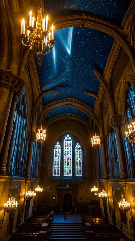 The ceiling of the Great Hall in Hogwarts Castle is illuminated with a starry night sky.,Photorealistic, precise and high quality