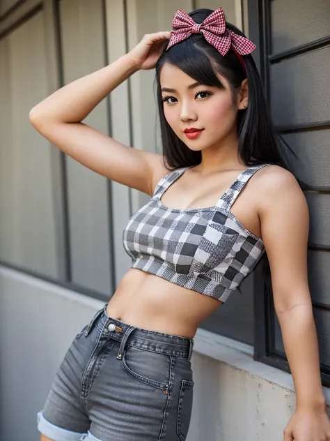 a pin-up young asian woman with dark hair in pinup style, wearing a gray and white checkered crop top and jeans shorts and holdi...