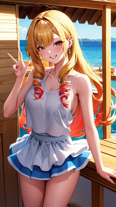 Masterpiece, best quality, height, Kitagawa Marine, 1 girl, blonde hair, long hair, colorful hair, conjunctivitis, decorations, earring, drill, , tank top, flashy short skirt, smile, รอยsmile, stand, Cowboy Shot, outdoor,obscene gesture