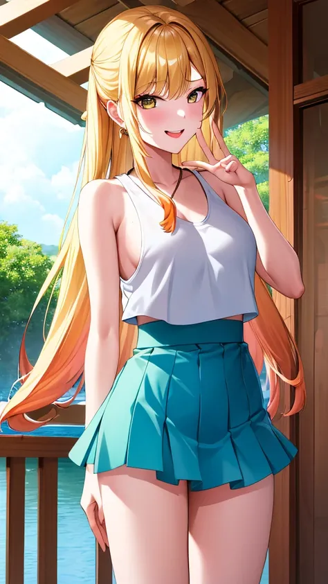 Masterpiece, best quality, height, Kitagawa Marine, 1 girl, blonde hair, long hair, colorful hair, conjunctivitis, decorations, earring, drill, , tank top, flashy short skirt, smile, รอยsmile, stand, Cowboy Shot, outdoor,obscene gesture