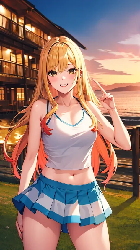 Masterpiece, best quality, height, Kitagawa Marine, 1 girl, blonde hair, long hair, colorful hair, conjunctivitis, decorations, earring, drill, , tank top, flashy short skirt, smile, รอยsmile, stand, Cowboy Shot, outdoor,obscene gesture