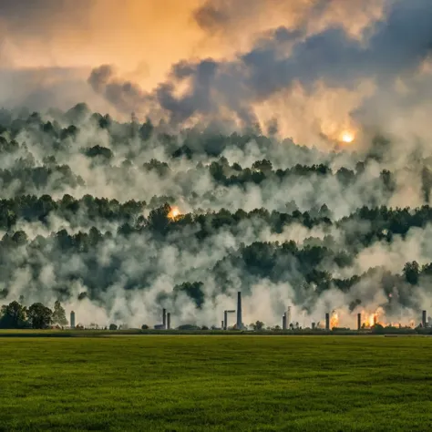 a vast green meadow, massive industrial smokestacks billowing smoke in the distance, cinematic lighting, dramatic colors, intric...