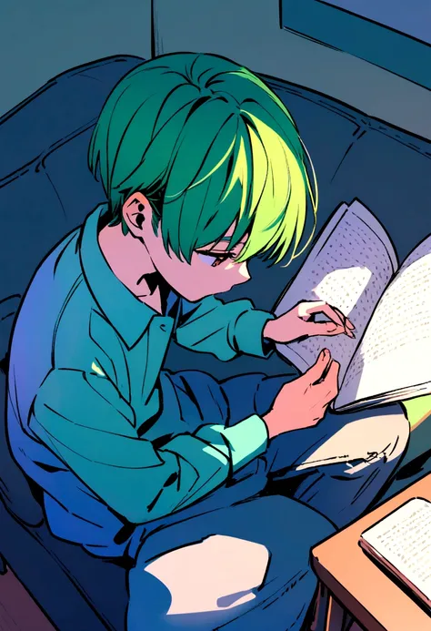 boy, 16 years, green hair, sitting on the couch, reading, in room