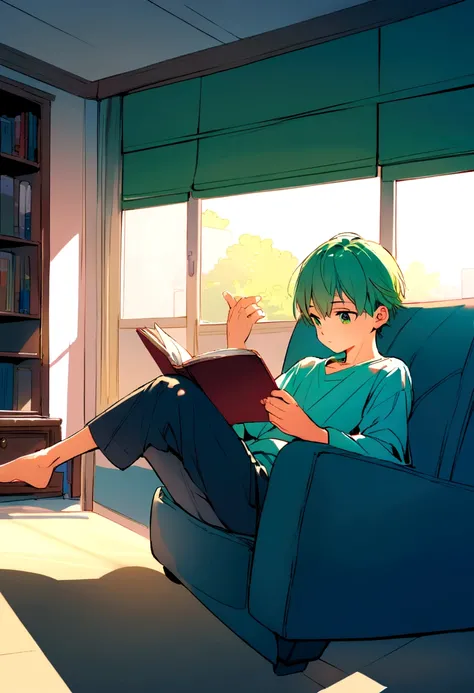 boy, 16 years, green hair, sitting on the couch, reading, in room