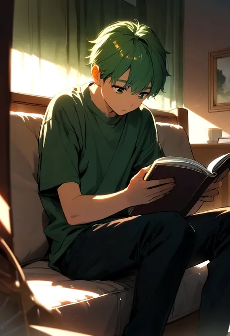 boy, 16 years, green hair, sitting on the couch, reading, in room