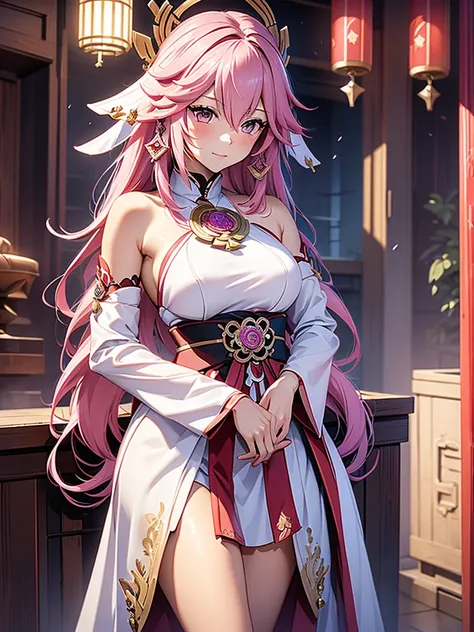 yae miko from genshin impact, 1woman, as a bride, wearing a white wedding dress, at a wedding ceremony , pink colour hair, 8k, h...