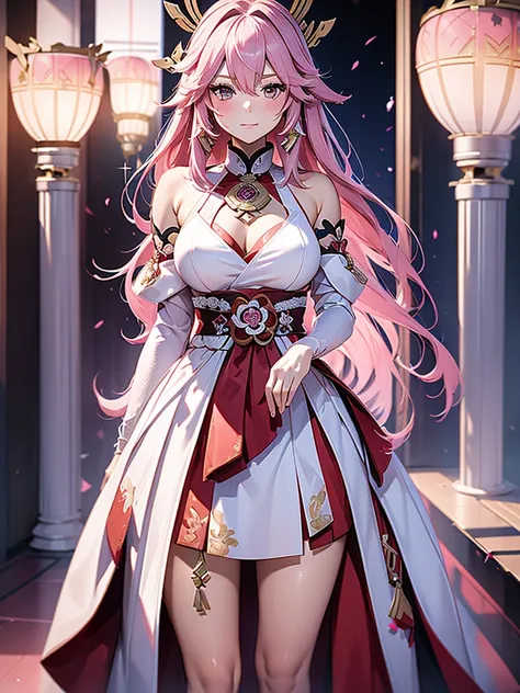 Yae miko from Genshin impact, 1woman, as a bride, wearing a white wedding dress, at a wedding ceremony , pink colour hair, 8k, high detailed, high quality
