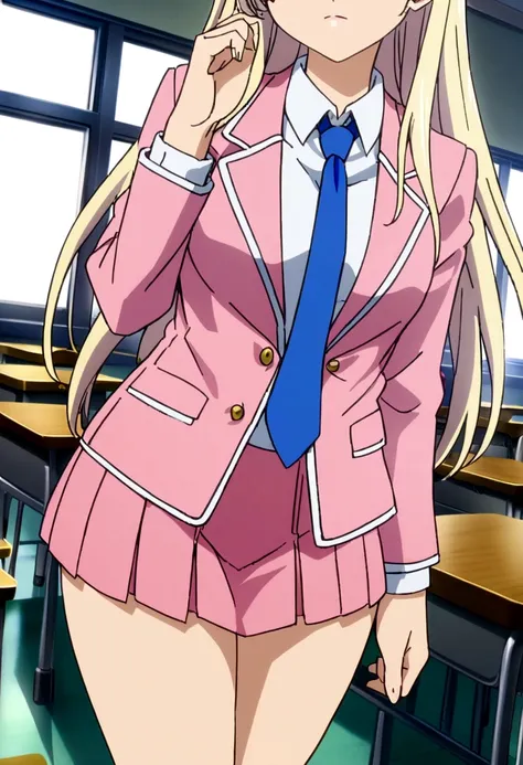 classroom,Pink jacket,White shirt,Long Hair,Blue tie,anime,mini skirt,tall,30 years old,Japanese,