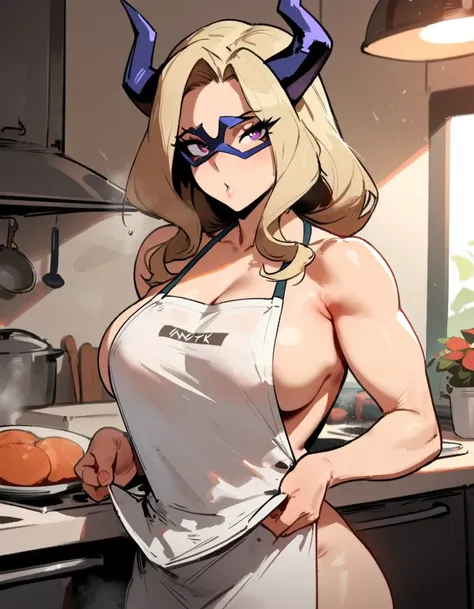 1girl, mount lady, boku no hero academia  masterpiece, best quality, very aesthetic, absurdres, newest  sportive body,    by dodok, nyantcha, cutesexyrobutts, by khyle ///// blonde, purple eyes,   , 24 years old,kitchen, wearing only apron, big tits, naked...