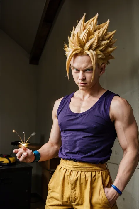 (ssj2), 1boy, yellow hair, green eyes,cowboy shot,yellow aura, electricity,naked purple dougi, purple pants, (blue wristband), red sash, sleeveless,v-neck,looking at viewer,(best quality, masterpiece)     