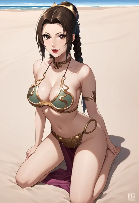 score_9_up, score_8_up, score_7_up, 1girl, solo, mature female, Tsunade, blonde long tied hair, brown eyes, purple rhombus on forehead, red lips, parted lips, fit slim body, perfect medium erected breast, (((slave Leia outfit))), (((sand beach))), looking ...