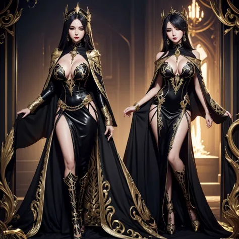 fantasy style, magician girl, beautiful, slender, sexy, big breasts, makeup, expensive luxurious black fantasy magician dress with gold pattern, cape on shoulders, skull brooch, hentai,