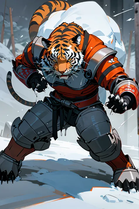 Tiger standing on two legs, snow background, Brutal!, put on armor, Big claws, Thirsty for blood