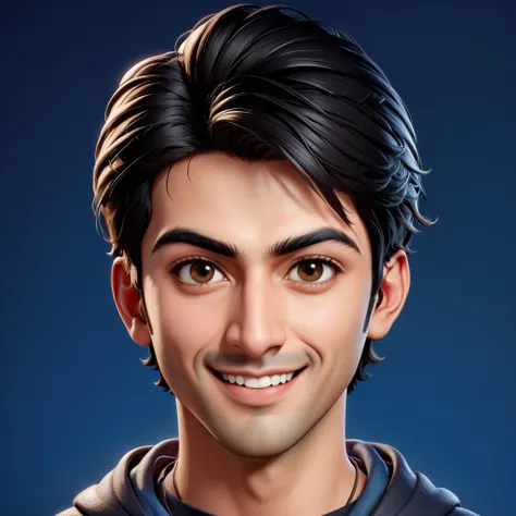 Create a MID BODY SHOT of cartoonish caricature 3D animation of a big-headed facing straight to the camera. a 25 years old Pakistani man. he has short black pixie cut hair. His face is oval with smooth lines, thick and neat black eyebrows, normal eyes, a s...